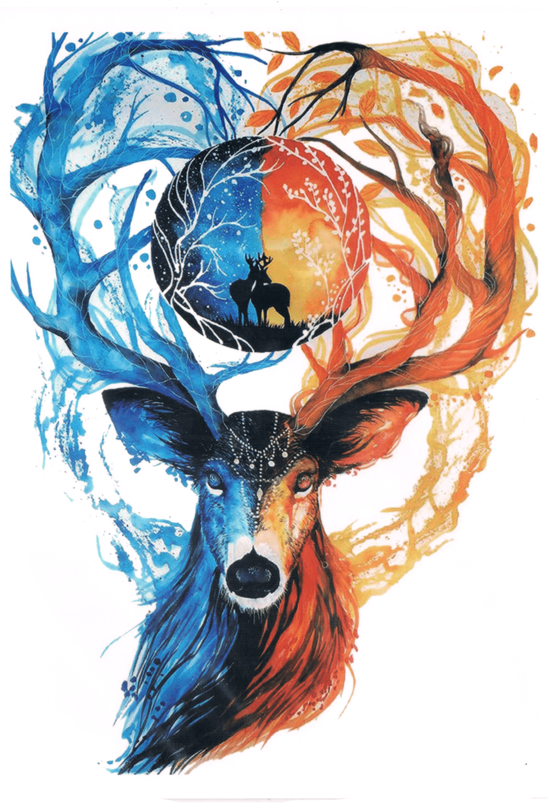 Tatouage Temporaire Cerf Eau et Feu - Le Coq Tatoué, image size:1108x1623