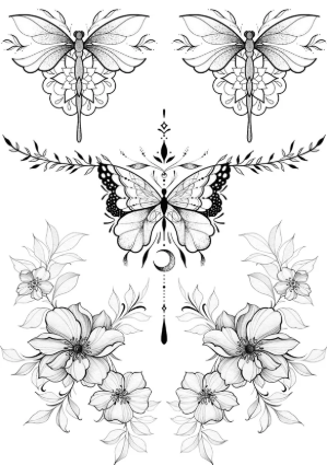 Planche libellule fleurs et papillons